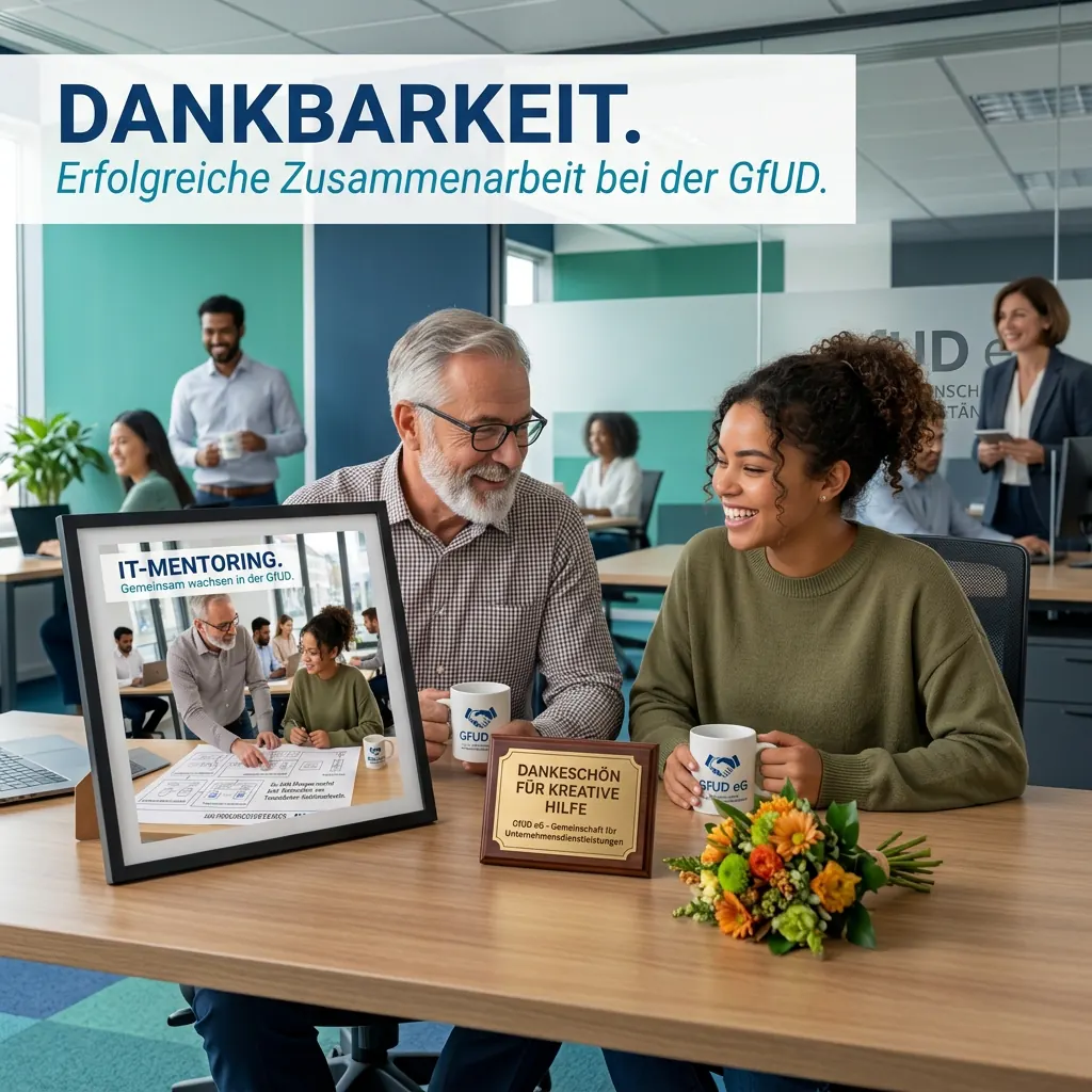 Mentor und Mentee freuen sich im Büro über eine gelungene Zusammenarbeit